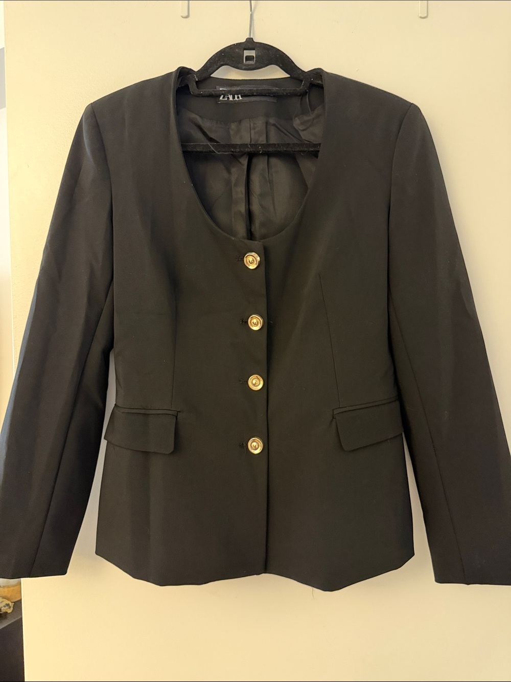 Zara Black Women's Round-Neck Blazer with Gold Buttons